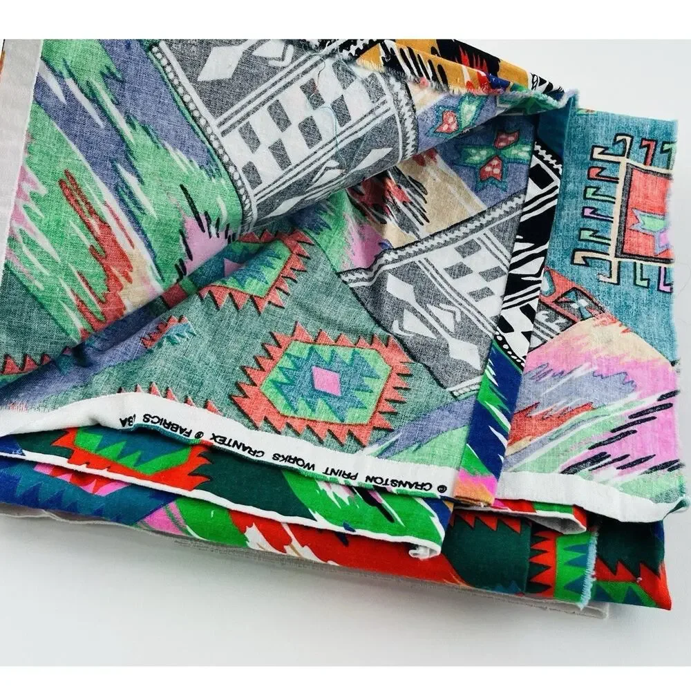Vintage 90s Cranston Southwest Fabric Colorful Geometric Abstract Aztec 2 Yd Gre